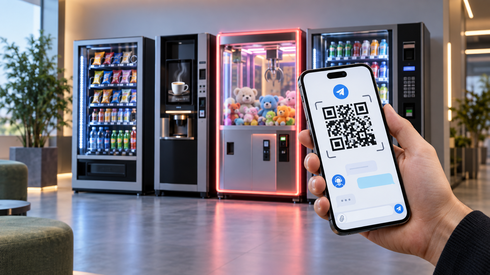 Вендинговые автоматы и смартфон с QR-кодом для обращения в Telegram-бот